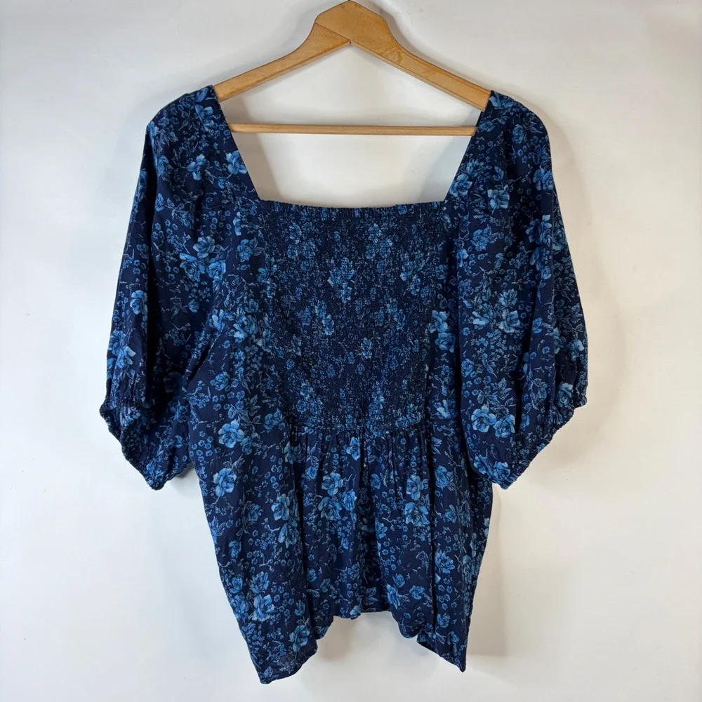 Old Navy Blouse Women XXL Blue Floral Square Neck Smocked Back Puff Sleeve